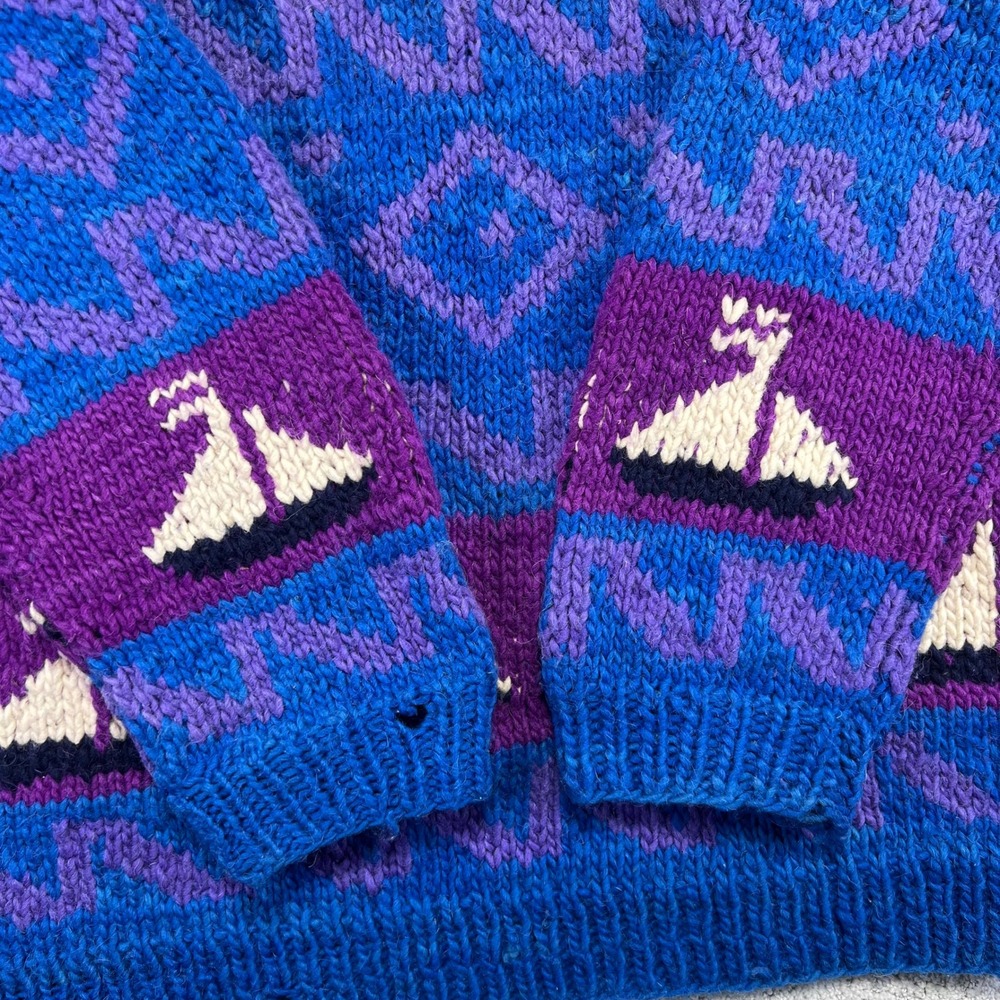 Vintage Hand Made Wool Sweater L/XL?? Sailboat Nautical Knit Blue Chunky Ecuador - Picture 9 of 16